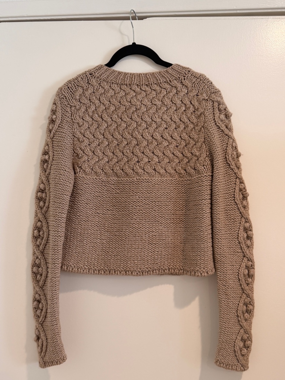 Beige Tan Brown Cardigan Knit Sweater by Sisley Wool Blend Cable Chunky Knit S - Picture 3 of 7